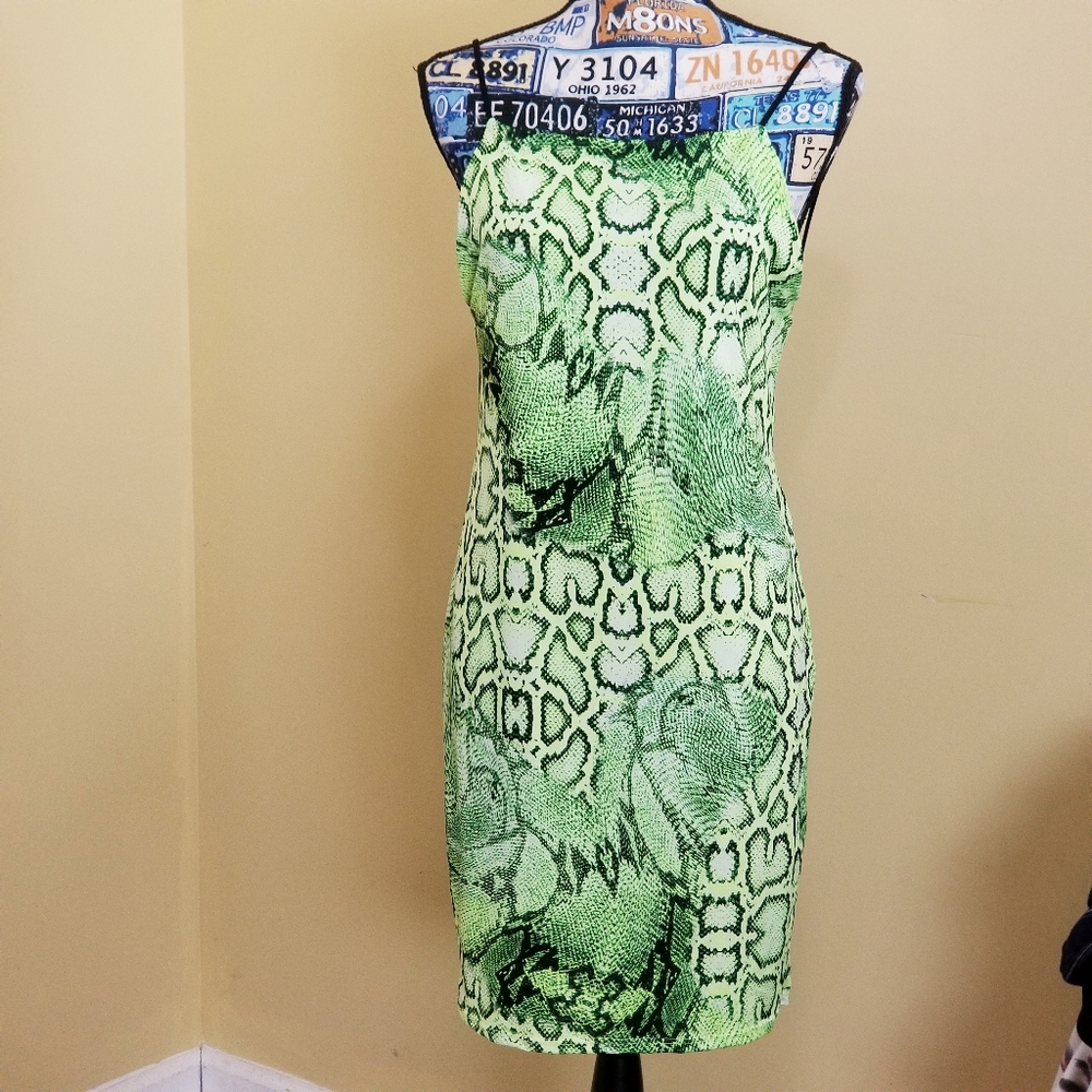 Blue Leopard Womens Green Black Leopard Print Stretch Backless Dress Sz 1X